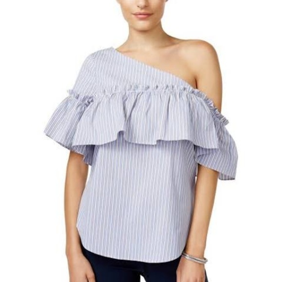 Bar III Tops - BAR III Blue Ruffled Ruched Striped Kimono Top